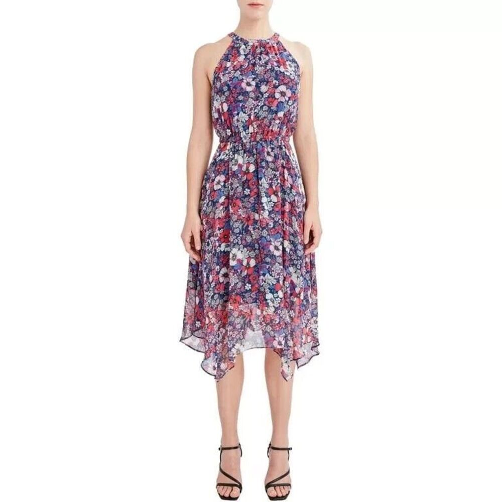 BCBG Paris Dress Womens XS Blue Pink Halter Floral Chiffon Handkerchief Hem Boho
